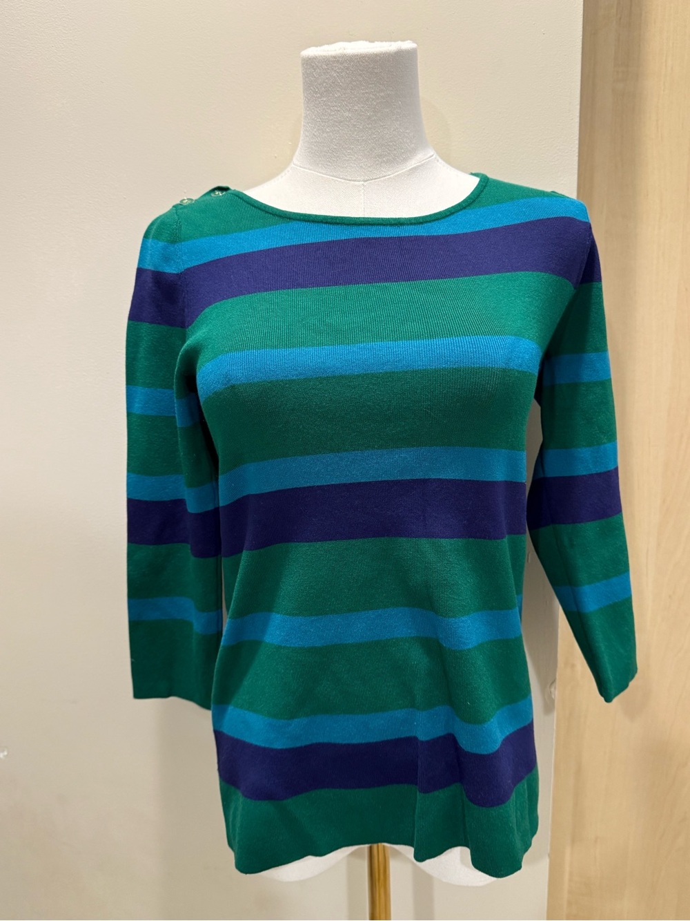 Banana Republic Green, Teal & Navy Striped Crewneck Sweater